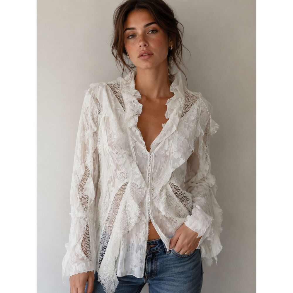 Divine Heritage Cream Color Lace Ruffle Sheer Long Sleeve Top Women's Size Small